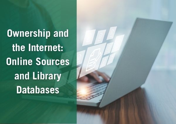 graphic featuring text that reads ownership and the internet overlaying a person's hands at a laptop