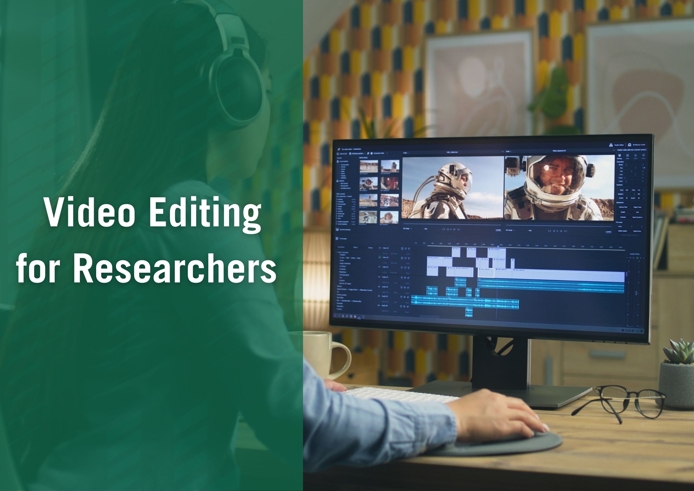 Graphic showing someone editing video with text that reads "video editing for researchers"