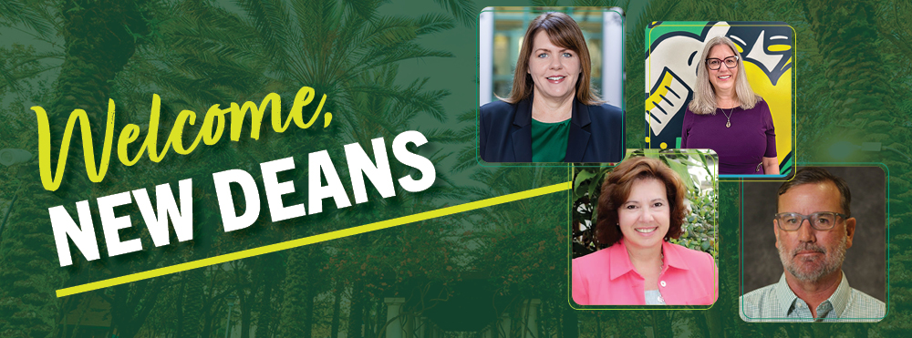 welcome new deans with four headshots of new usf college deans
