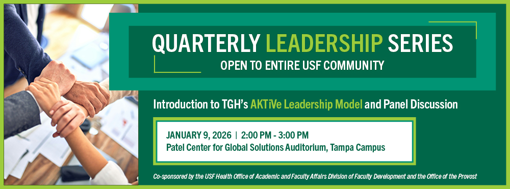 Graphic promoting the Quarterly Leadership Series featuring hands coming together in a square formation