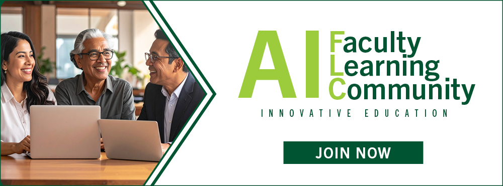 AI faculty learning community graphic featuring image of faculty members conversing over laptops