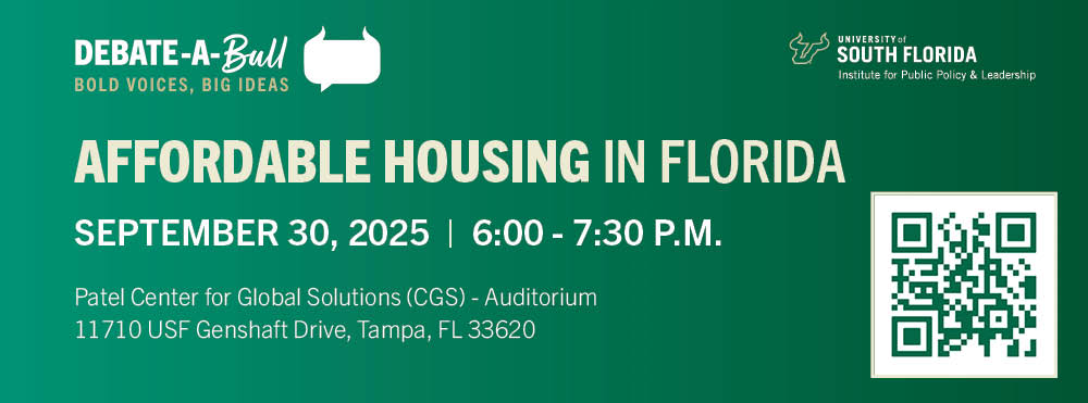 Graphic promoting Debate-a-Bull series: Affordable Housing in Florida