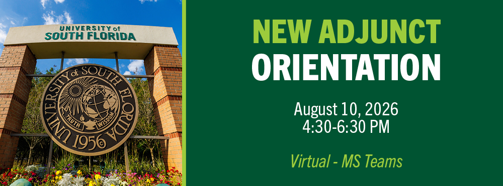 graphic with photo of usf seal and text that reads new adjunct orientation august 10, 2026