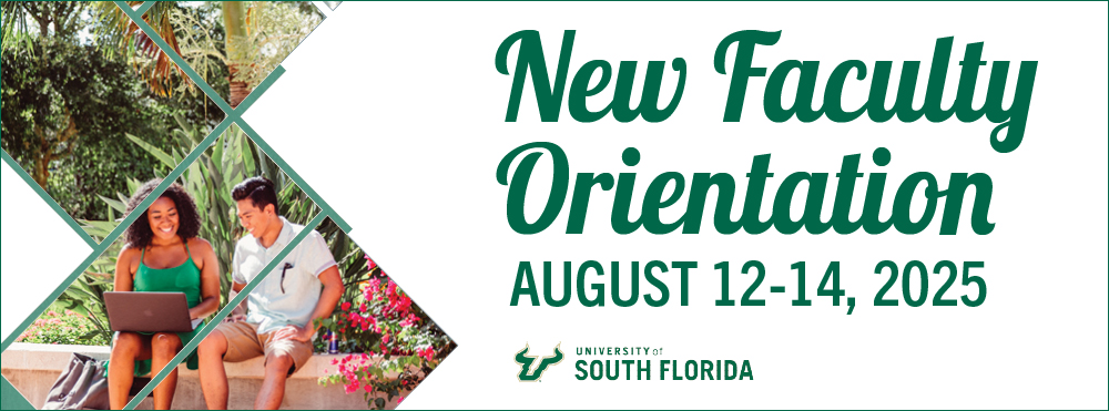 Graphic promoting "New Faculty Orientation August 12-14, 2025" with an image of two people looking at a laptop while sitting in a garden