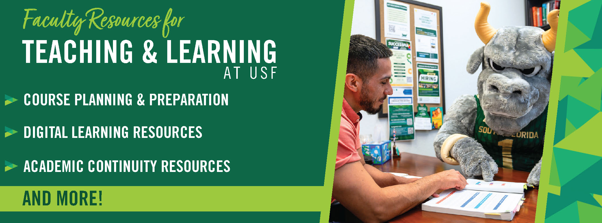 Graphic promoting teaching and learning resources featuring Rocky the bull pointing to text in a book while someone else looks on
