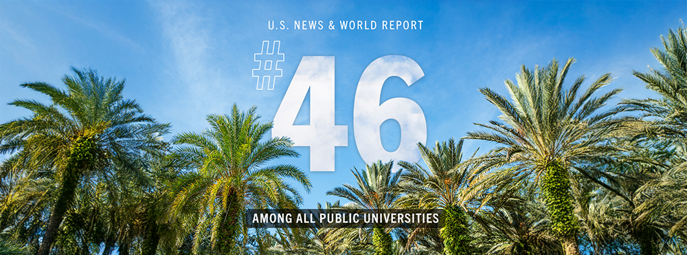 US News & World Report #46 among all public universities text over photo of palm trees against sky