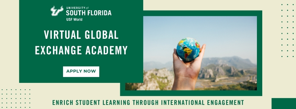 Virtual Global Exchange Academy "Apply Now" button with image of hand holding a globe overlooking terrain