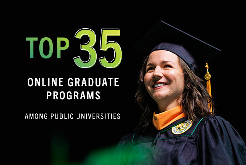 photo of a graduate in cap and gown, with text: Top 35 online grad programs among public universities
