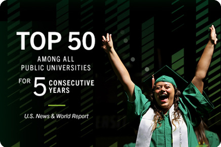 Top 50 among all public universities for five consecutive years. Image of female graduate with hands in the air.