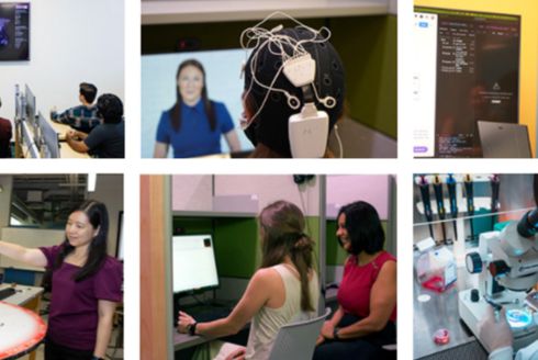 Collage of images featuring people doing research