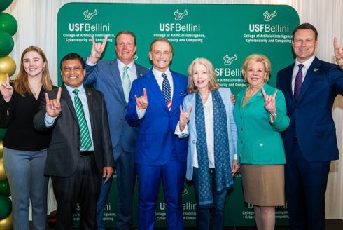 USF cybersecurity student Brianna Deaubler, USF Provost Prasant Mohapatra, USF Foundation CEO Jay Stroman, Arnie and Lauren Bellini, USF President Rhea Law and USF Board of Trustees Chair Will Weatherford