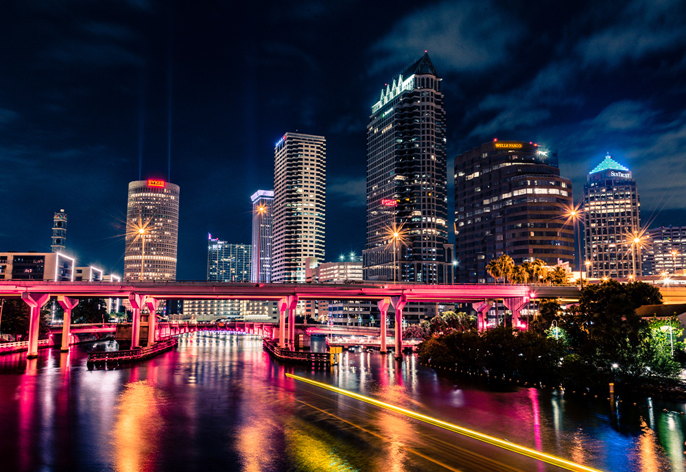 skyline view at night of Tampa 