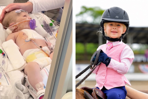 Infant with medical tubing and dressings from heart surgery and a young child on horse back.