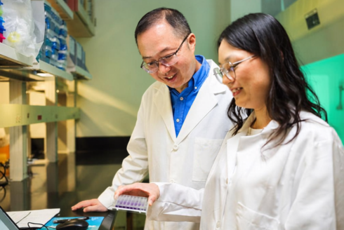 Two researchers in lab coats examine a sample tray and computer data at a laboratory workstation.