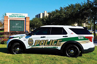 USFPD car parked in front of the USF Tampa campus