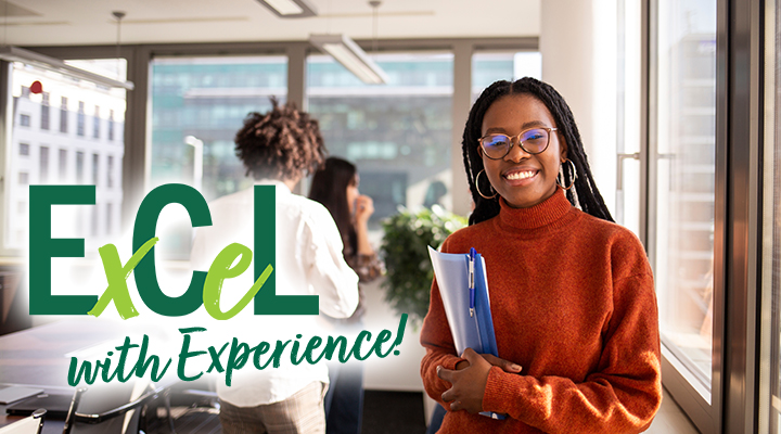 black female student in orange sweater carrying a notepad in a business office conference room with two other students with text overlay that reads ExCeL with Experience