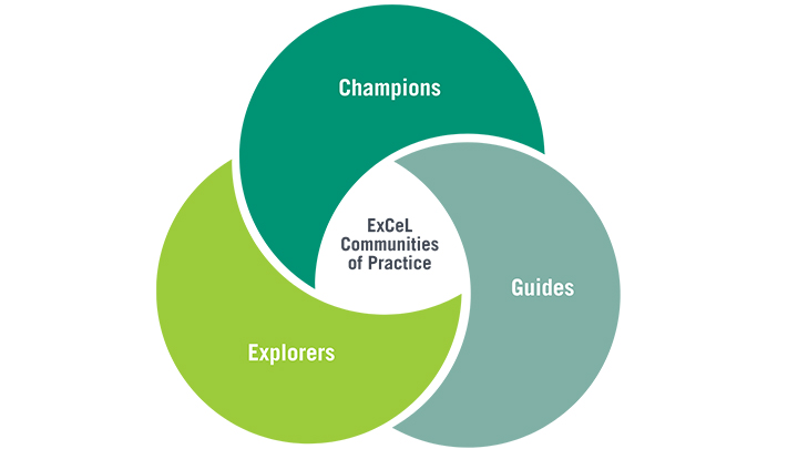QEP communities of practive graphic showing three parts: champions, guides and explorers