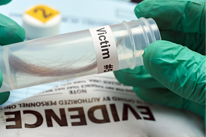 Gloved hands holding a vial containing a hair sample labeled "victim" 