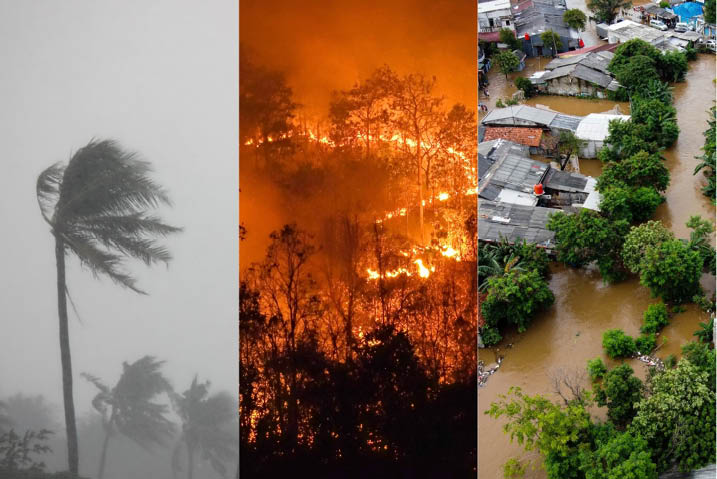 A three column picture of a hurricane, a wildfire, and a flood 