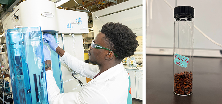 Olusola Johnson a graduate research assistant in Dr. Kuhn’s lab load specialized equipment to test the team’s catalyst, similar to the sample shown on the right.