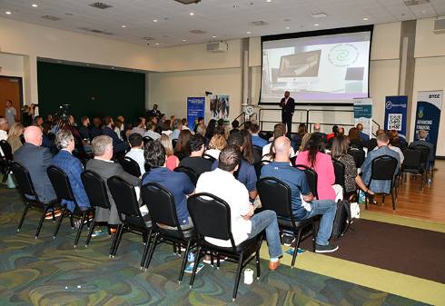 16 fintech start-ups gave their presentations to a crowd of people at the USF St. Petersburg campus