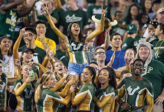 Students painted in green and gold cheer on the Bulls football team
