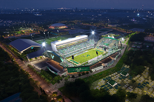 Rendering of the future USF on-campus stadium - aerial view at night