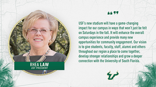“USF’s new stadium will have a game-changing impact for our campus in ways that won’t just be felt on Saturdays in the fall.  It will enhance the overall campus experience and provide many new opportunities for community engagement.  Our vision is to give students, faculty, staff, alumni and others throughout our region a place to come together, develop stronger relationships and grow a deeper connection with the University of South Florida.” Rhea Law, President