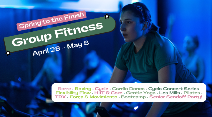 Group Fitness Banner displaying an assortment of classes listed below