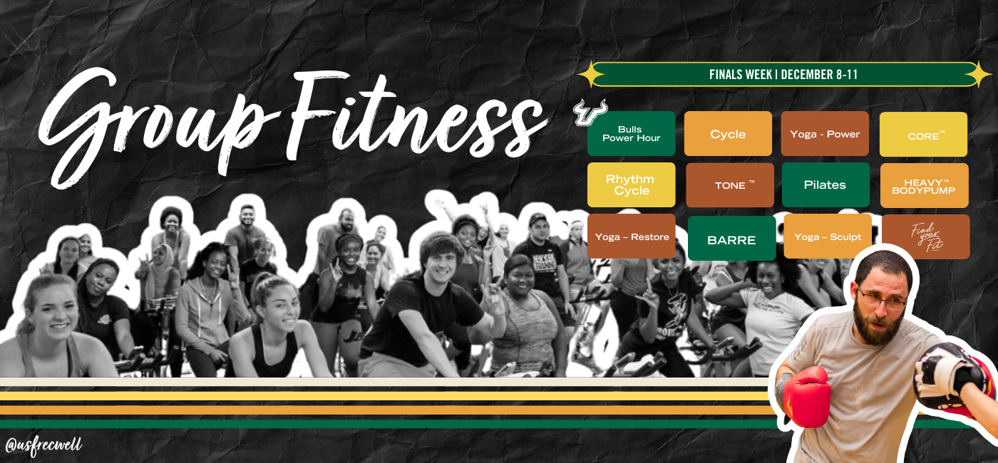 Group Fitness Banner displaying an assortment of classes listed below
