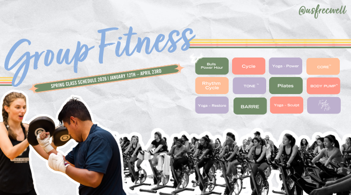 Group Fitness Banner displaying an assortment of classes listed below