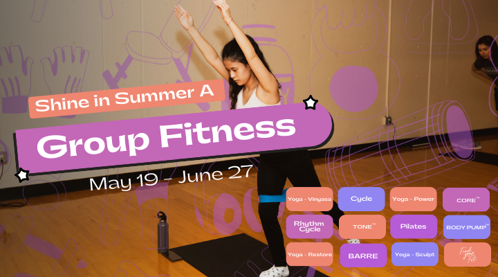 Group Fitness Banner displaying an assortment of classes listed below