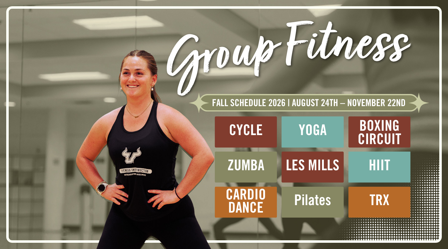Group Fitness banner displaying an instructor and named classes for the semester.
