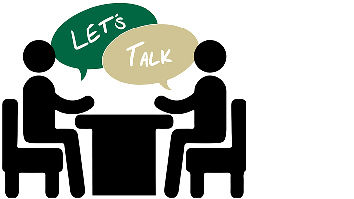 graphic of two stick figures sitting at table with talk bubbles