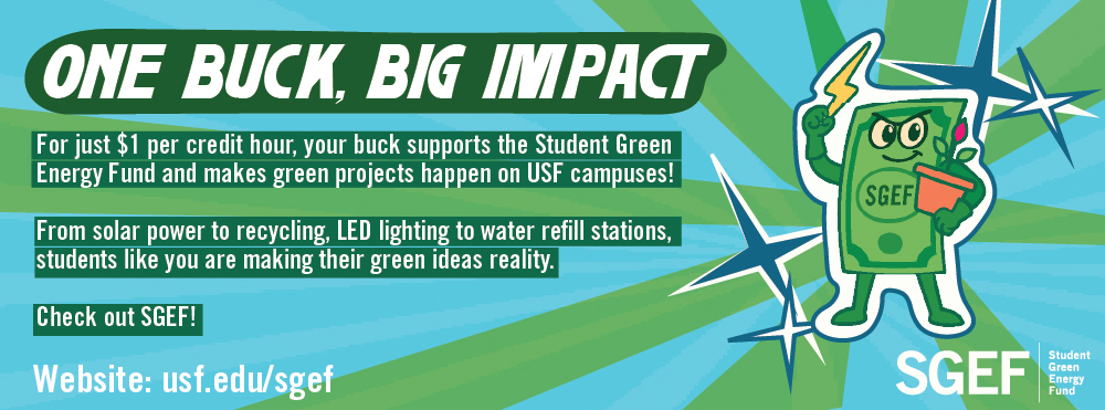SGEF dollar bill cartoon graphic with green and blue starburst background "One Buck, Big Impact"