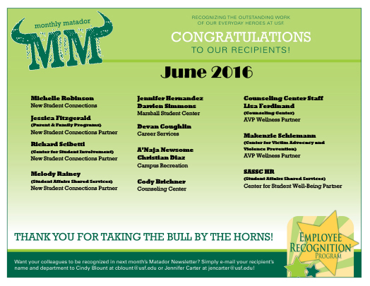 June 2016 Matador Recipients graphic