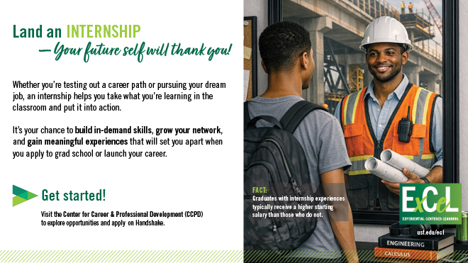 internship promotional graphic with a male student looking in the mirror and seeing himself in the future as an engineer "Land and internship-- your future self with thank you!"