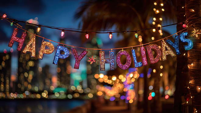 Happy Holidays sparkly multicolored banner with colored lights and palm trees in the background