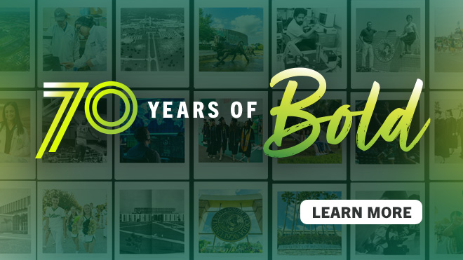 70 years of Bold - Learn more text overlaying green tinted Polaroid photos of students, faculty and staff