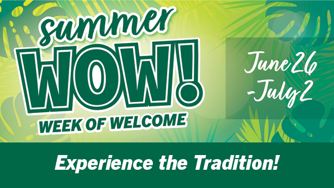 Summer WOW! Week of Welcome June 26-July 2 with green palm fronds on a lemongrass background
