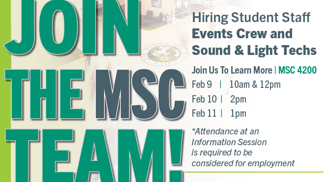 Join the MSC Team with info session dates over a photo of the MSC atrium