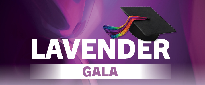 lavender gala text with graduation cap and rainbow tassel