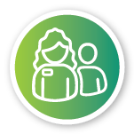 Circle icon with a girl wearing a name tag infront of another person.