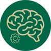 a green circle with a golden outlined brain in the middle, and a small golden gear in the bottom left
