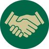 a green circle with a golden handshake icon in the center