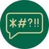 a green circle with a golden outlined text bubble that includes an asterisk, a sharp, a question mark, and 2 exclamation marks