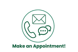 A green line-art icon of a phone, speech bubble, and envelope inside a circle, with the text "Make an Appointment!" below. The graphic represents contacting the Student Ombuds Office to schedule an appointment.