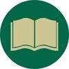 a green circle with a golden book in the middle