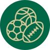 a green circle with a golden outlined basketball, football, and soccer ball placed in the middle