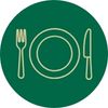 a green circle with a golden plate in the middle, a fork to the left of the plate, and a knife to the right of the plate